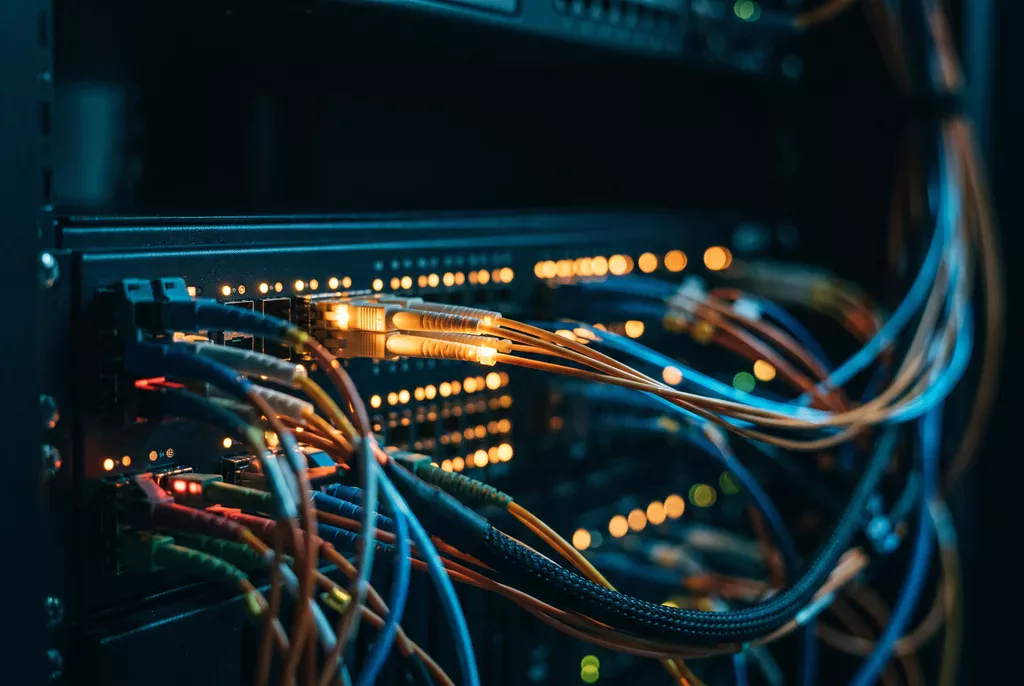Network cables connecting equipment inside a server rack
